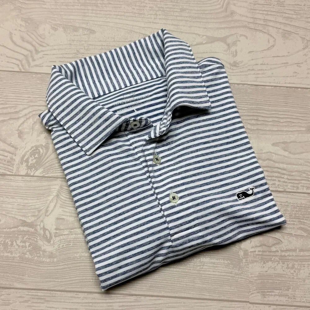 Vineyard Vines Sankaty Performance Polo Boys Large 16 Blue Striped Golf Shirt